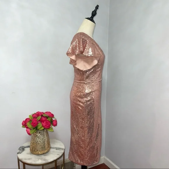 # Mac Duggal Rose Gold Sequins One Shoulder Ruffle Mini Dress / Gown New W/ Tag - Picture 13 of 17